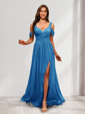 A-Line Cold Shoulder Split Side Ruched Floor-Length Chiffon Bridesmaid Dresses