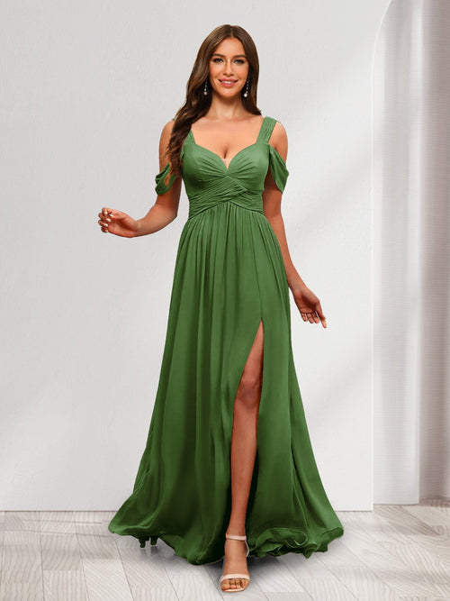 A-Line Cold Shoulder Split Side Ruched Floor-Length Chiffon Bridesmaid Dresses