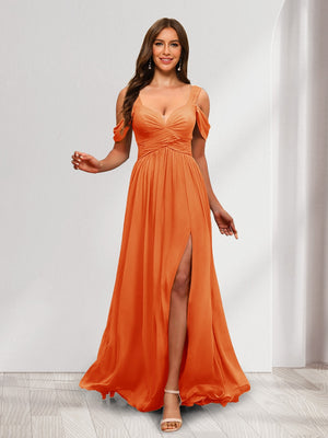 A-Line Cold Shoulder Split Side Ruched Floor-Length Chiffon Bridesmaid Dresses