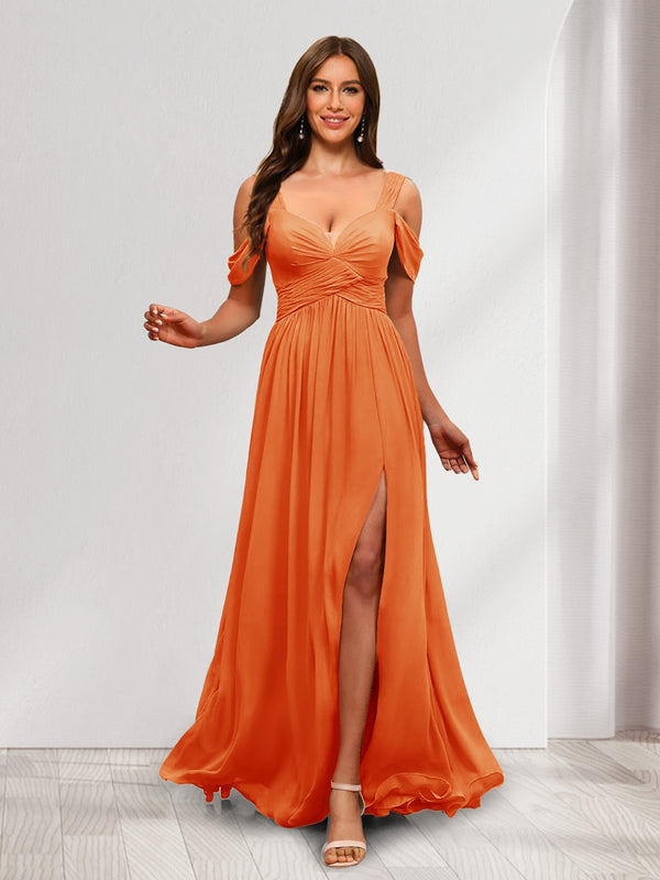 A-Line Cold Shoulder Split Side Ruched Floor-Length Chiffon Bridesmaid Dresses