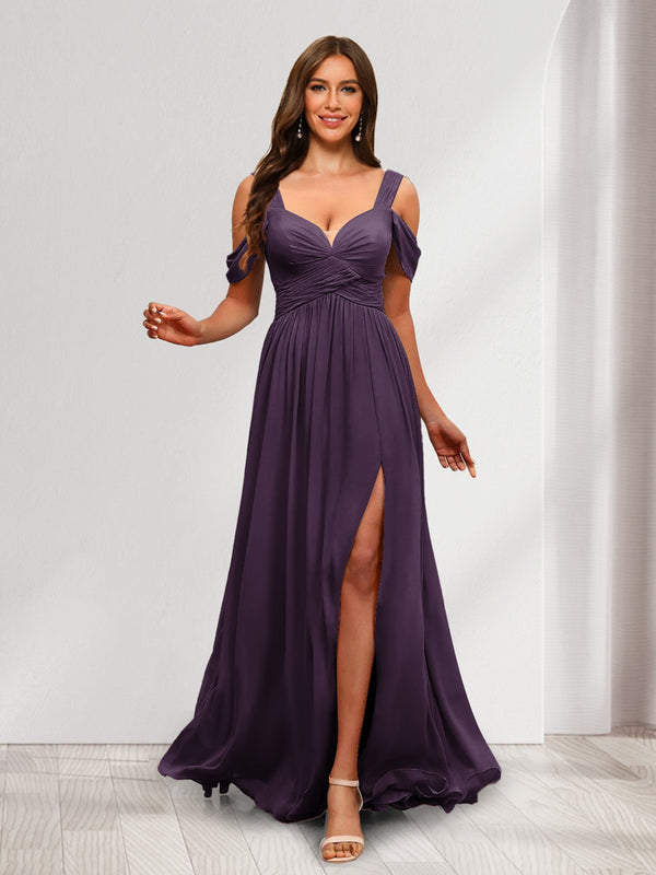 A-Line Cold Shoulder Split Side Ruched Floor-Length Chiffon Bridesmaid Dresses