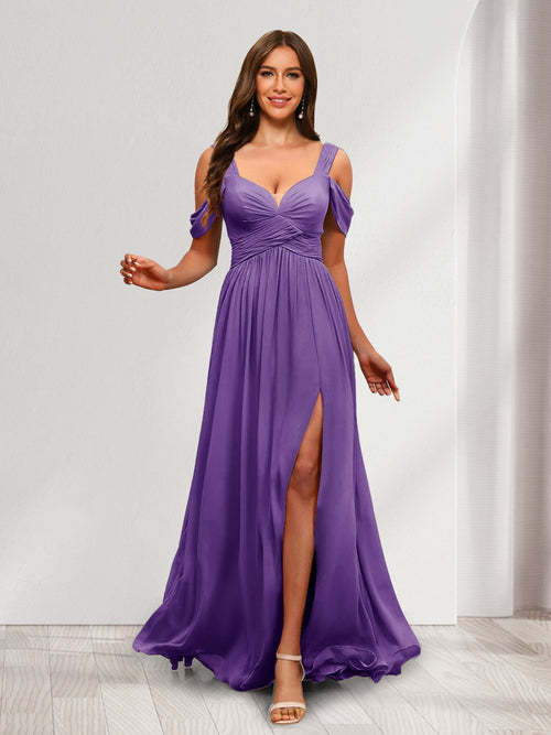 A-Line Cold Shoulder Split Side Ruched Floor-Length Chiffon Bridesmaid Dresses