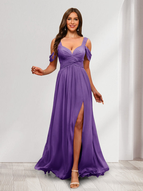 A-Line Cold Shoulder Split Side Ruched Floor-Length Chiffon Bridesmaid Dresses