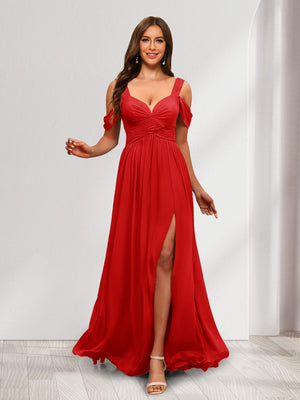 A-Line Cold Shoulder Split Side Ruched Floor-Length Chiffon Bridesmaid Dresses