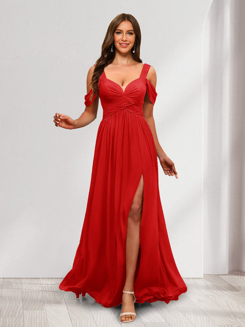 A-Line Cold Shoulder Split Side Ruched Floor-Length Chiffon Bridesmaid Dresses