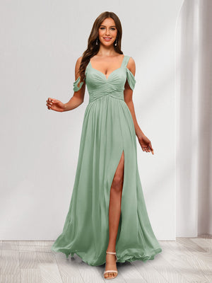 A-Line Cold Shoulder Split Side Ruched Floor-Length Chiffon Bridesmaid Dresses