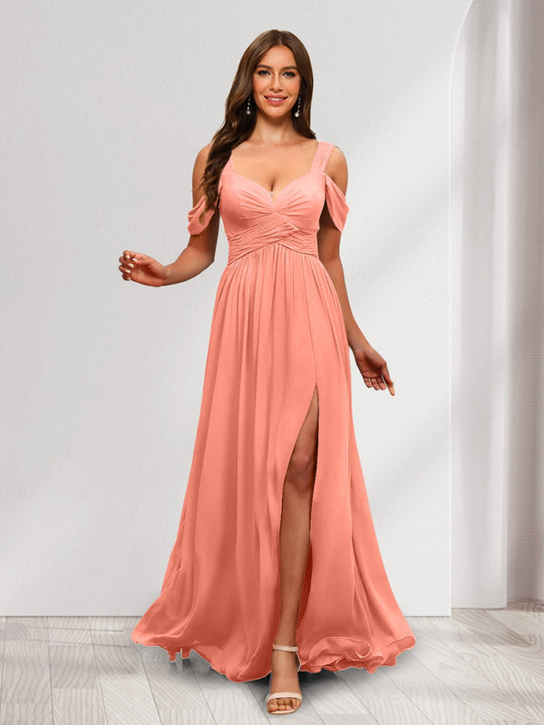 A-Line Cold Shoulder Split Side Ruched Floor-Length Chiffon Bridesmaid Dresses