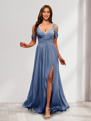 A-Line Cold Shoulder Split Side Ruched Floor-Length Chiffon Bridesmaid Dresses