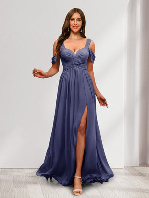 A-Line Cold Shoulder Split Side Ruched Floor-Length Chiffon Bridesmaid Dresses