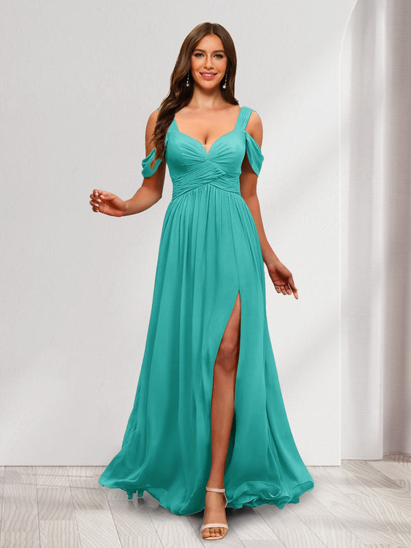 A-Line Cold Shoulder Split Side Ruched Floor-Length Chiffon Bridesmaid Dresses