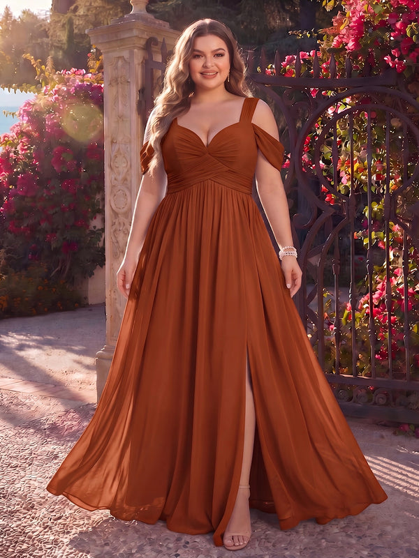 A-Line/Princess Cold Shoulder Sleeveless Chiffon Floor-Length Plus Size Bridesmaid Dresses with Split Side & Ruched