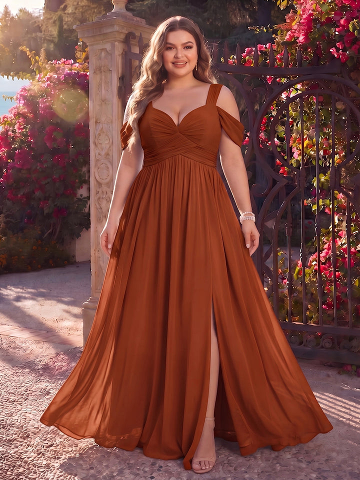 A-Line/Princess Cold Shoulder Sleeveless Chiffon Floor-Length Plus Size Bridesmaid Dresses with Split Side &amp; Ruched