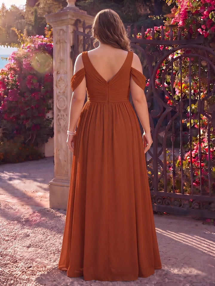 A-Line/Princess Cold Shoulder Sleeveless Chiffon Floor-Length Plus Size Bridesmaid Dresses with Split Side &amp; Ruched