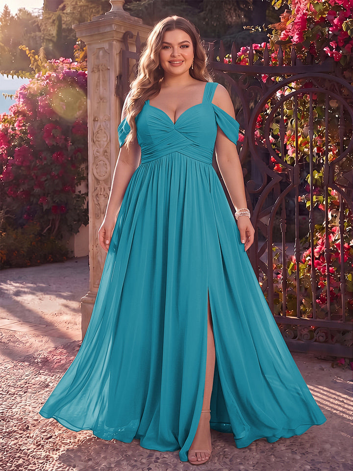 A-Line/Princess Cold Shoulder Sleeveless Chiffon Floor-Length Plus Size Bridesmaid Dresses with Split Side &amp; Ruched