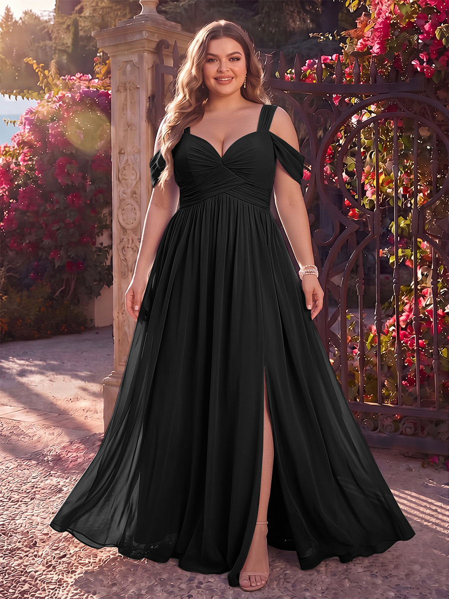A-Line/Princess Cold Shoulder Sleeveless Chiffon Floor-Length Plus Size Bridesmaid Dresses with Split Side &amp; Ruched