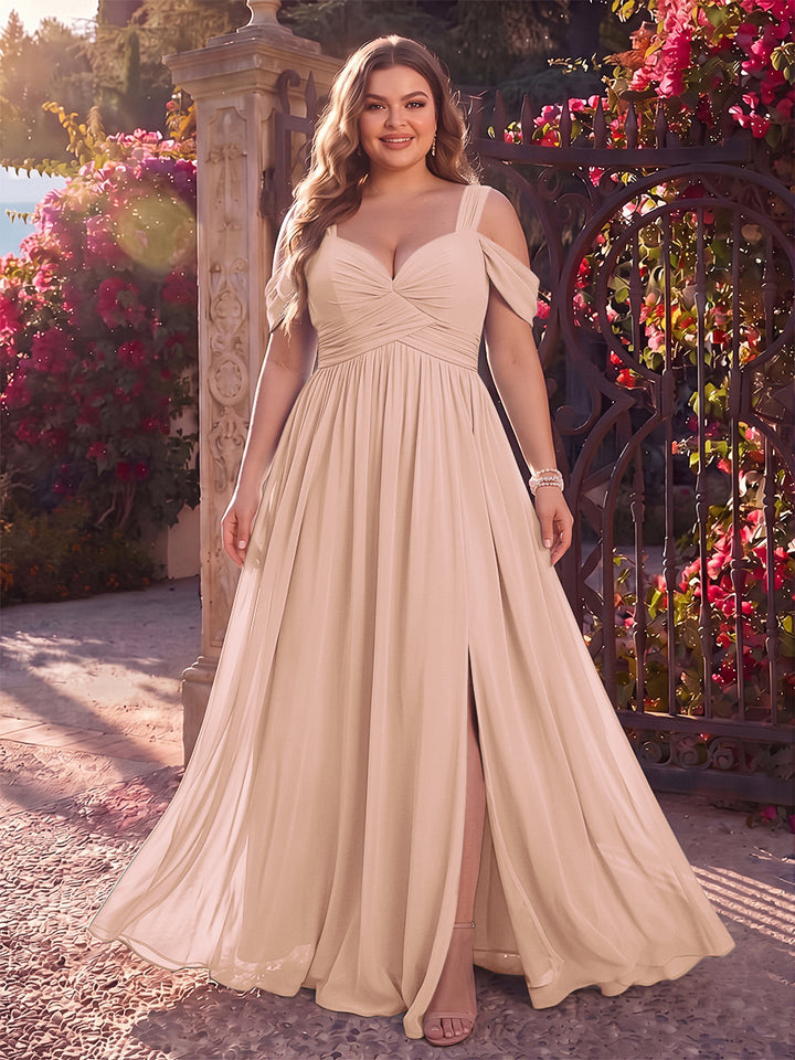 A-Line/Princess Cold Shoulder Sleeveless Chiffon Floor-Length Plus Size Bridesmaid Dresses with Split Side &amp; Ruched