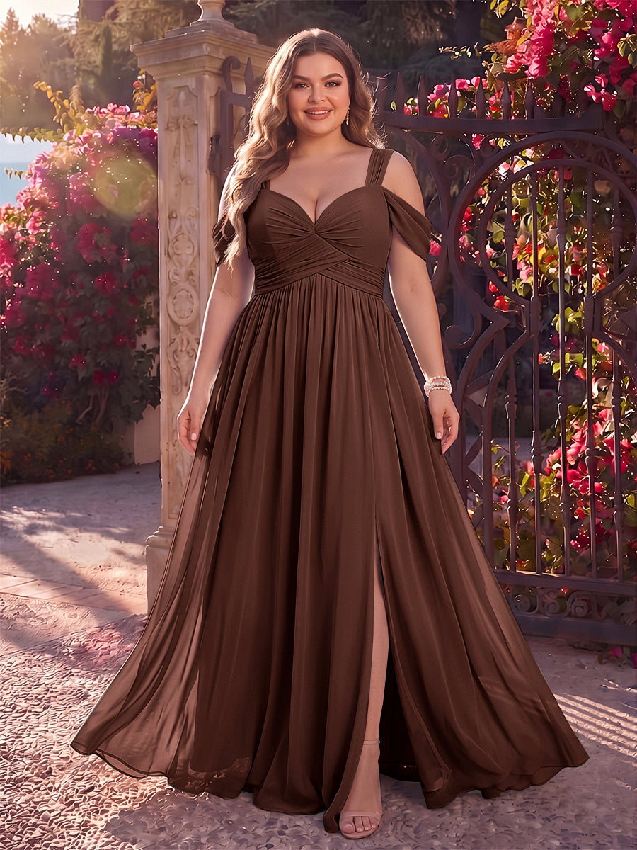 A-Line/Princess Cold Shoulder Sleeveless Chiffon Floor-Length Plus Size Bridesmaid Dresses with Split Side &amp; Ruched