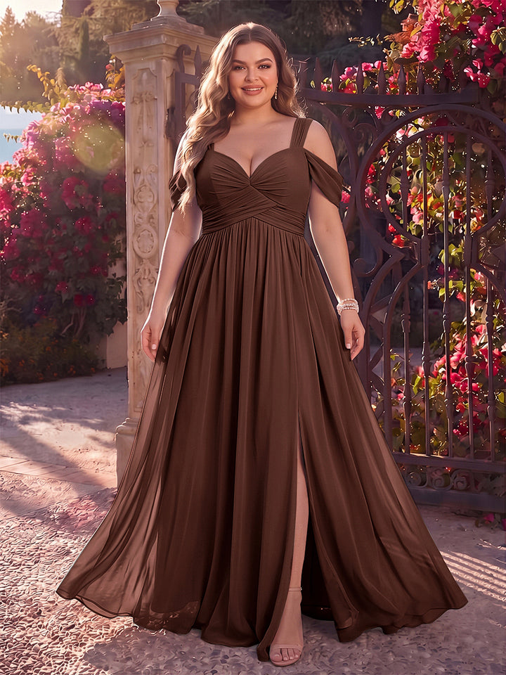 A-Line/Princess Cold Shoulder Sleeveless Chiffon Floor-Length Plus Size Bridesmaid Dresses with Split Side &amp; Ruched