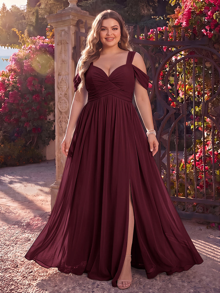 A-Line/Princess Cold Shoulder Sleeveless Chiffon Floor-Length Plus Size Bridesmaid Dresses with Split Side &amp; Ruched