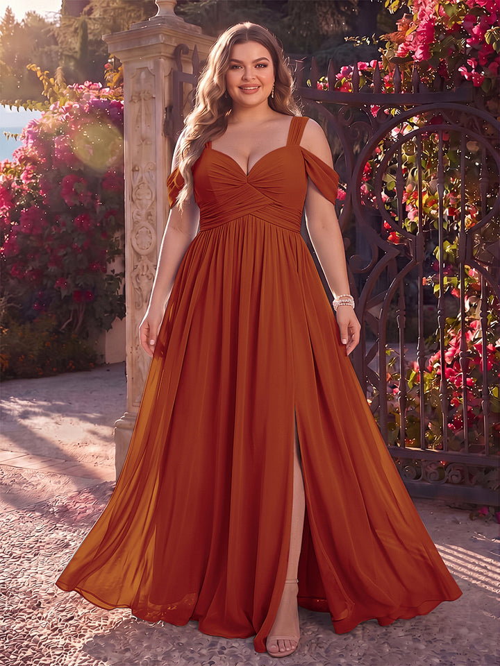 A-Line/Princess Cold Shoulder Sleeveless Chiffon Floor-Length Plus Size Bridesmaid Dresses with Split Side &amp; Ruched