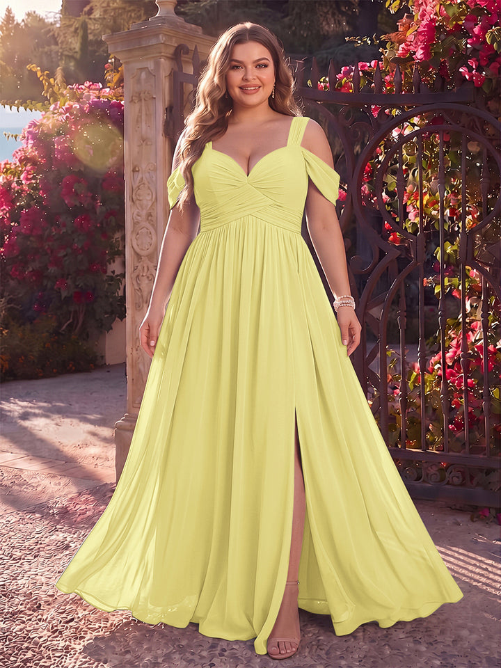 A-Line/Princess Cold Shoulder Sleeveless Chiffon Floor-Length Plus Size Bridesmaid Dresses with Split Side &amp; Ruched