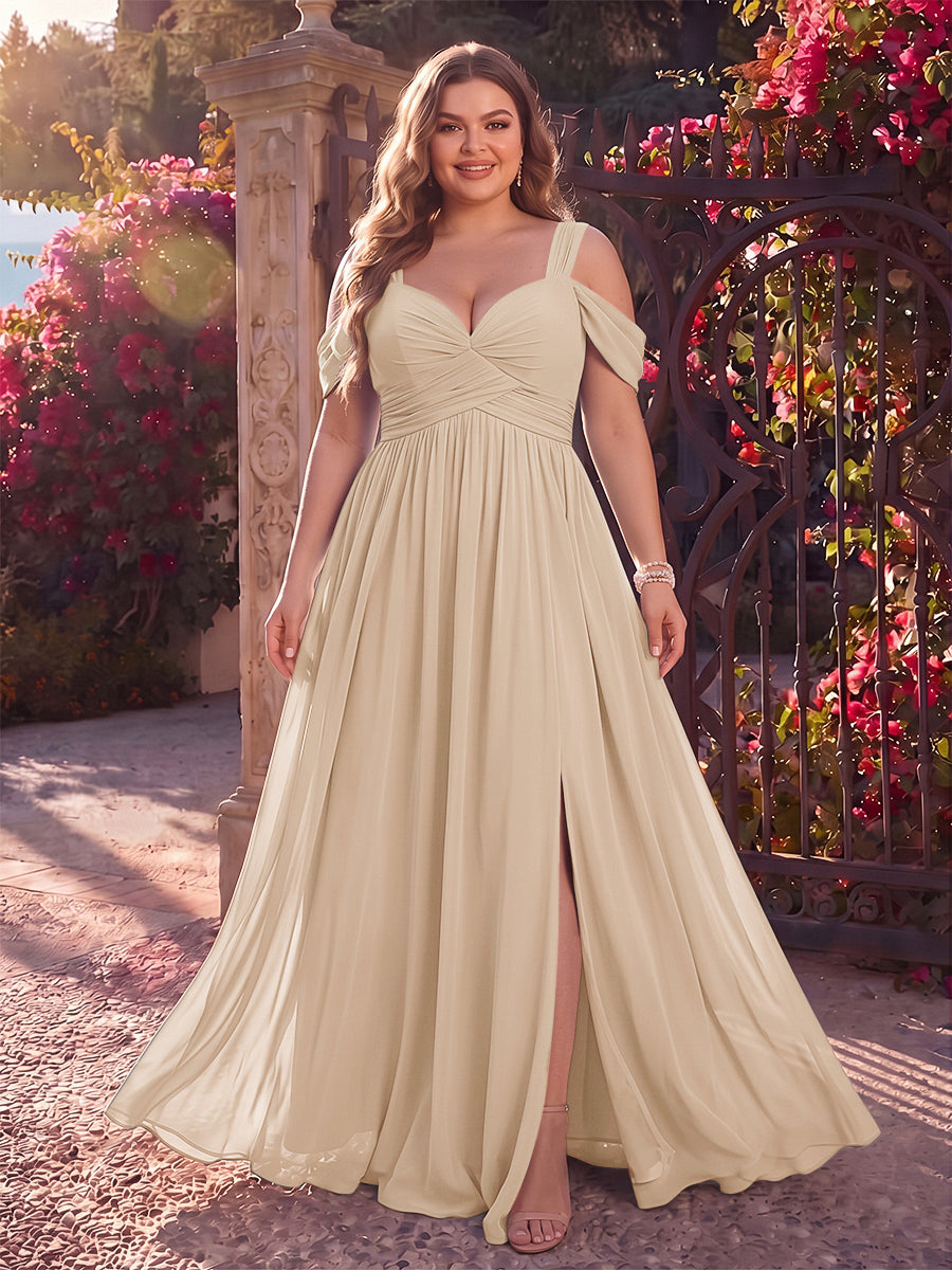 A-Line/Princess Cold Shoulder Sleeveless Chiffon Floor-Length Plus Size Bridesmaid Dresses with Split Side &amp; Ruched