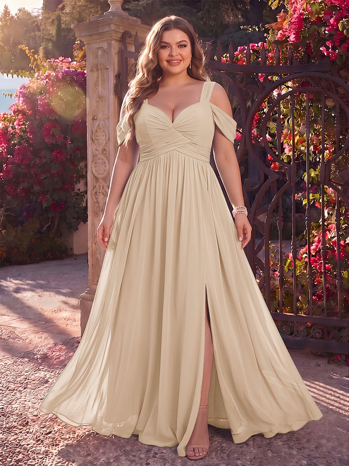 A-Line/Princess Cold Shoulder Sleeveless Chiffon Floor-Length Plus Size Bridesmaid Dresses with Split Side &amp; Ruched