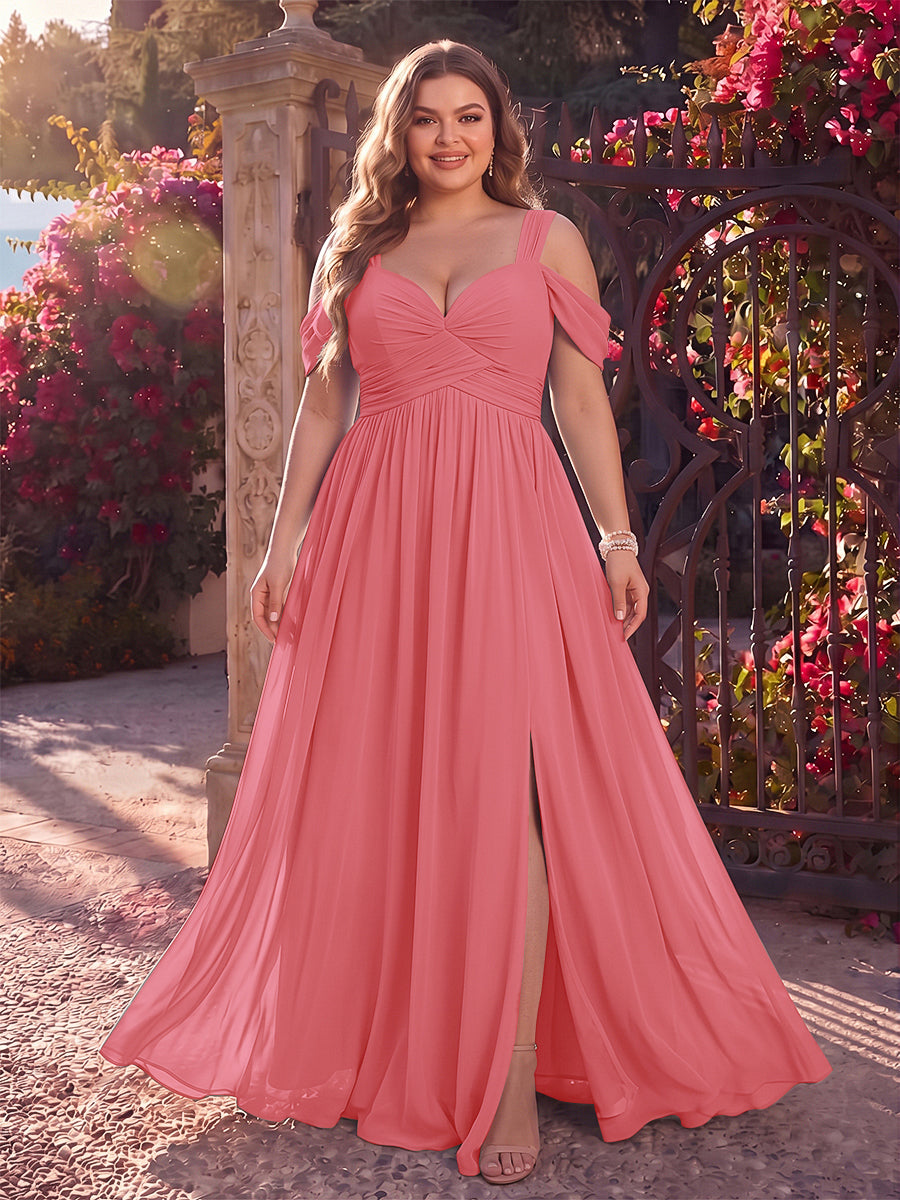 A-Line/Princess Cold Shoulder Sleeveless Chiffon Floor-Length Plus Size Bridesmaid Dresses with Split Side &amp; Ruched
