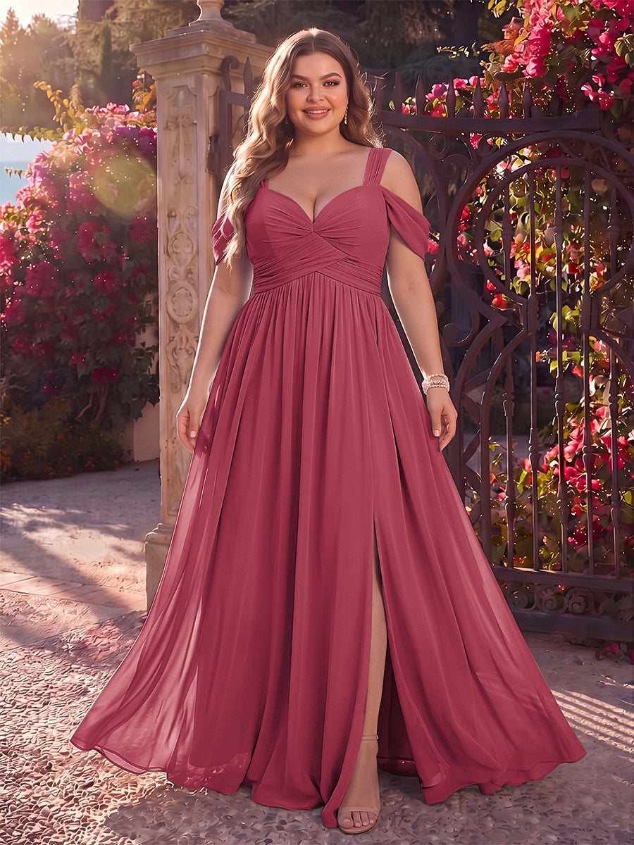 A-Line/Princess Cold Shoulder Sleeveless Chiffon Floor-Length Plus Size Bridesmaid Dresses with Split Side &amp; Ruched