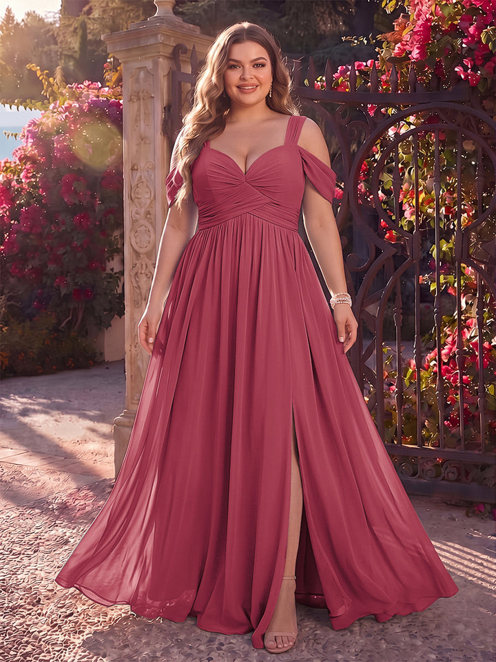 A-Line/Princess Cold Shoulder Sleeveless Chiffon Floor-Length Plus Size Bridesmaid Dresses with Split Side &amp; Ruched