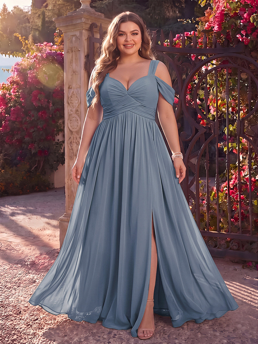 A-Line/Princess Cold Shoulder Sleeveless Chiffon Floor-Length Plus Size Bridesmaid Dresses with Split Side &amp; Ruched