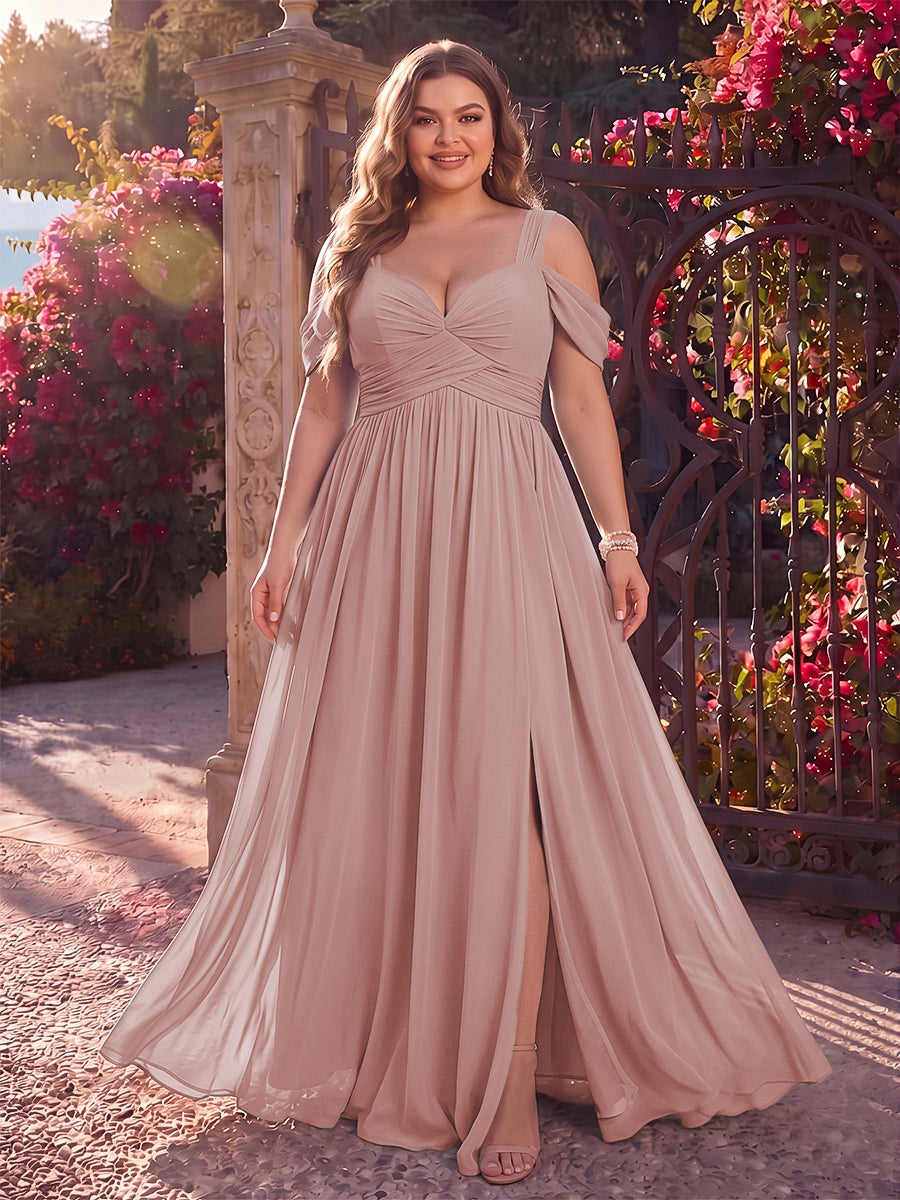 A-Line/Princess Cold Shoulder Sleeveless Chiffon Floor-Length Plus Size Bridesmaid Dresses with Split Side &amp; Ruched