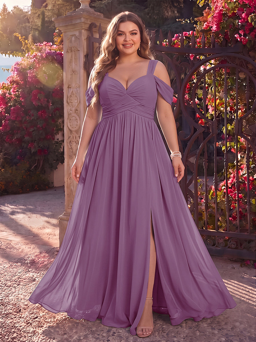A-Line/Princess Cold Shoulder Sleeveless Chiffon Floor-Length Plus Size Bridesmaid Dresses with Split Side &amp; Ruched