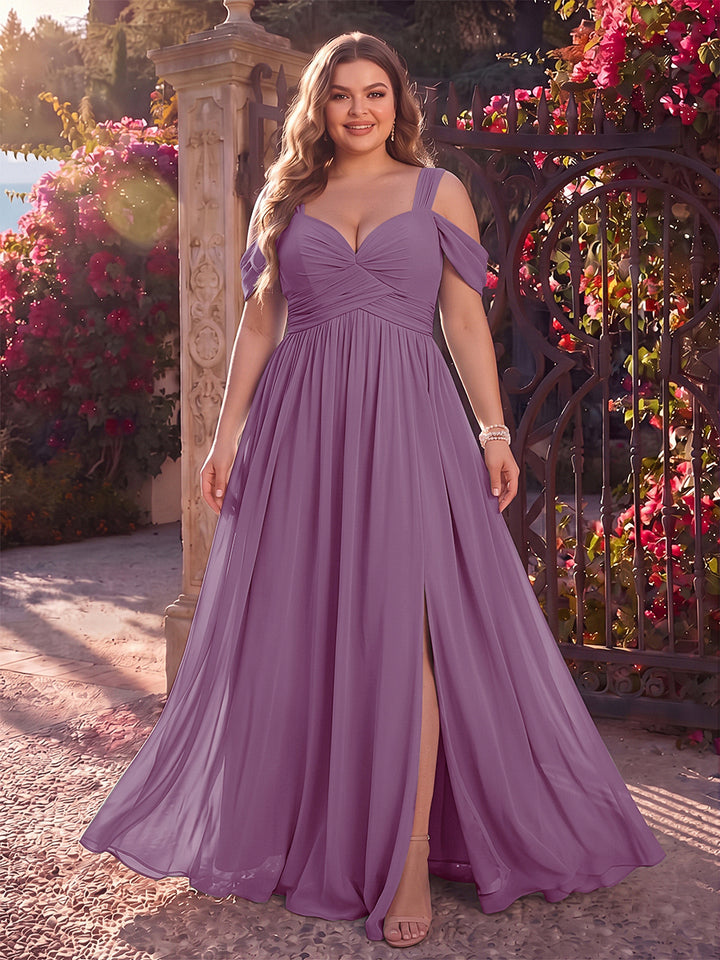 A-Line/Princess Cold Shoulder Sleeveless Chiffon Floor-Length Plus Size Bridesmaid Dresses with Split Side &amp; Ruched