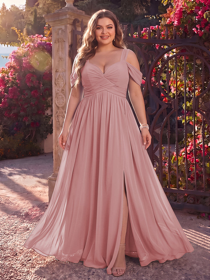 A-Line/Princess Cold Shoulder Sleeveless Chiffon Floor-Length Plus Size Bridesmaid Dresses with Split Side &amp; Ruched