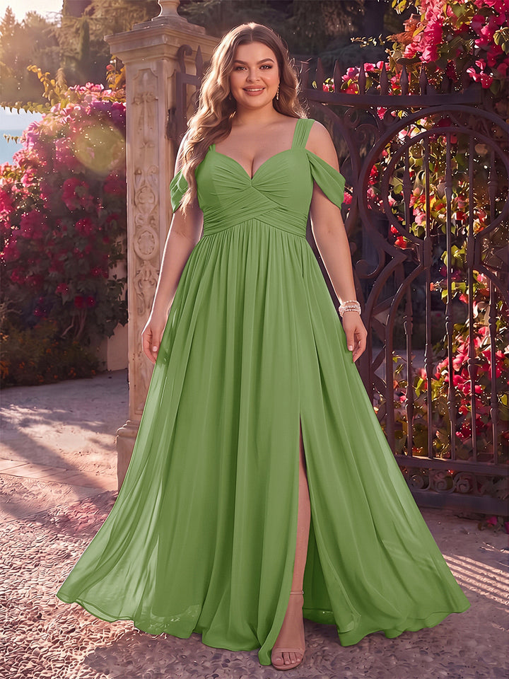 A-Line/Princess Cold Shoulder Sleeveless Chiffon Floor-Length Plus Size Bridesmaid Dresses with Split Side &amp; Ruched