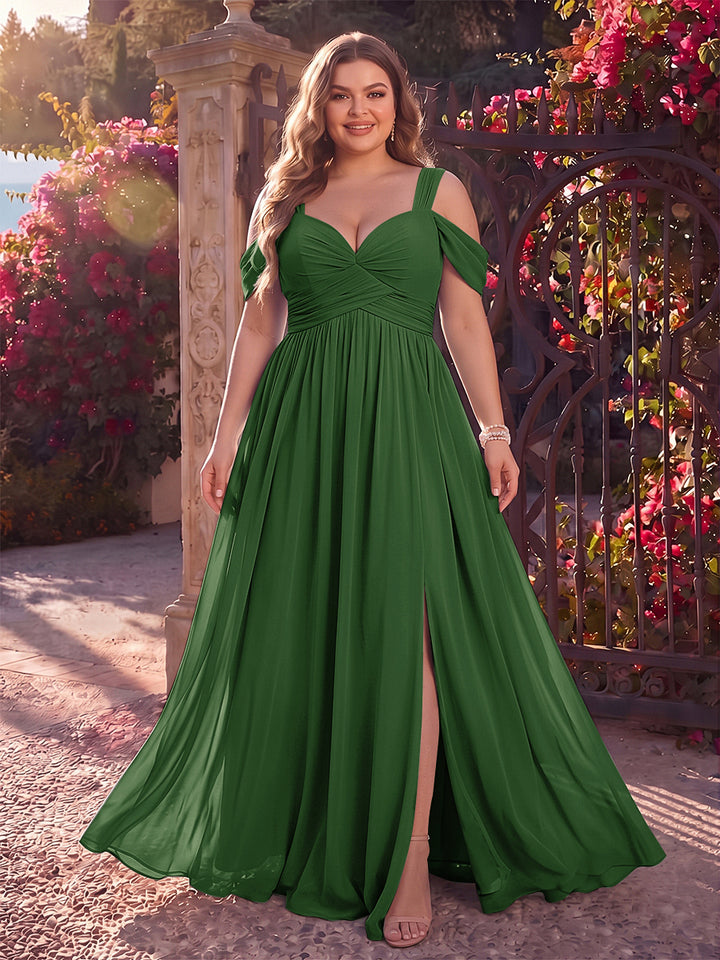 A-Line/Princess Cold Shoulder Sleeveless Chiffon Floor-Length Plus Size Bridesmaid Dresses with Split Side &amp; Ruched