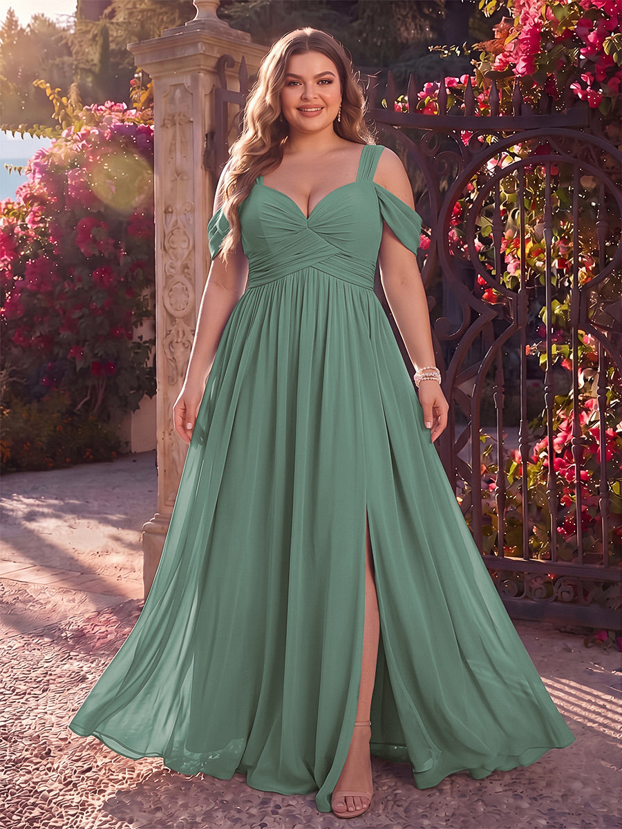 A-Line/Princess Cold Shoulder Sleeveless Chiffon Floor-Length Plus Size Bridesmaid Dresses with Split Side &amp; Ruched