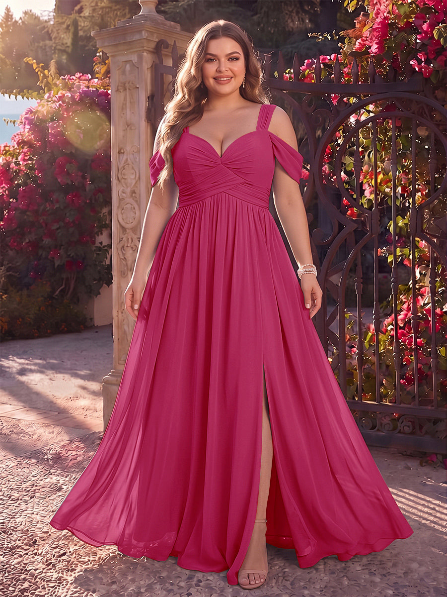 A-Line/Princess Cold Shoulder Sleeveless Chiffon Floor-Length Plus Size Bridesmaid Dresses with Split Side &amp; Ruched