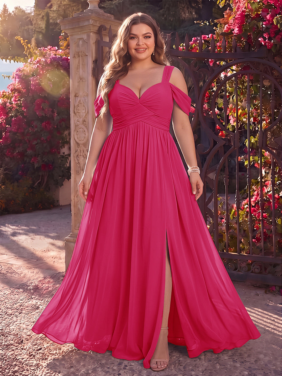 A-Line/Princess Cold Shoulder Sleeveless Chiffon Floor-Length Plus Size Bridesmaid Dresses with Split Side &amp; Ruched