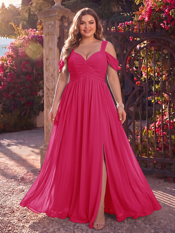 A-Line/Princess Cold Shoulder Sleeveless Chiffon Floor-Length Plus Size Bridesmaid Dresses with Split Side &amp; Ruched