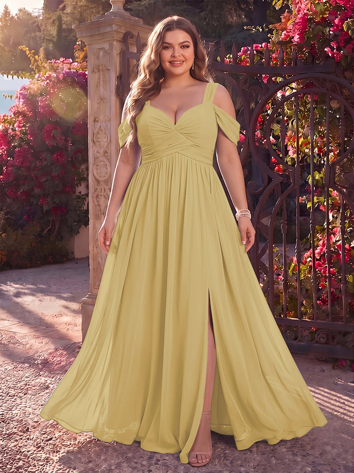 A-Line/Princess Cold Shoulder Sleeveless Chiffon Floor-Length Plus Size Bridesmaid Dresses with Split Side &amp; Ruched