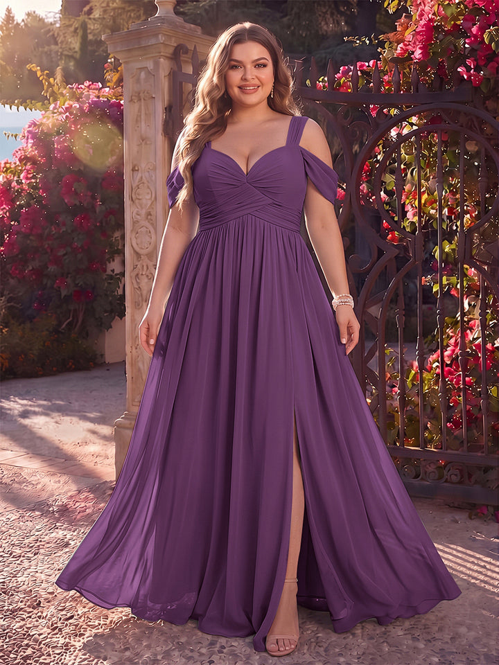 A-Line/Princess Cold Shoulder Sleeveless Chiffon Floor-Length Plus Size Bridesmaid Dresses with Split Side &amp; Ruched