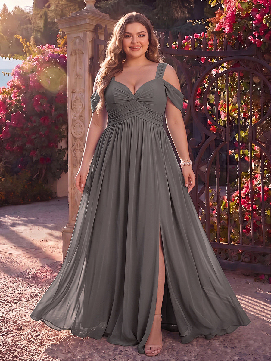 A-Line/Princess Cold Shoulder Sleeveless Chiffon Floor-Length Plus Size Bridesmaid Dresses with Split Side &amp; Ruched