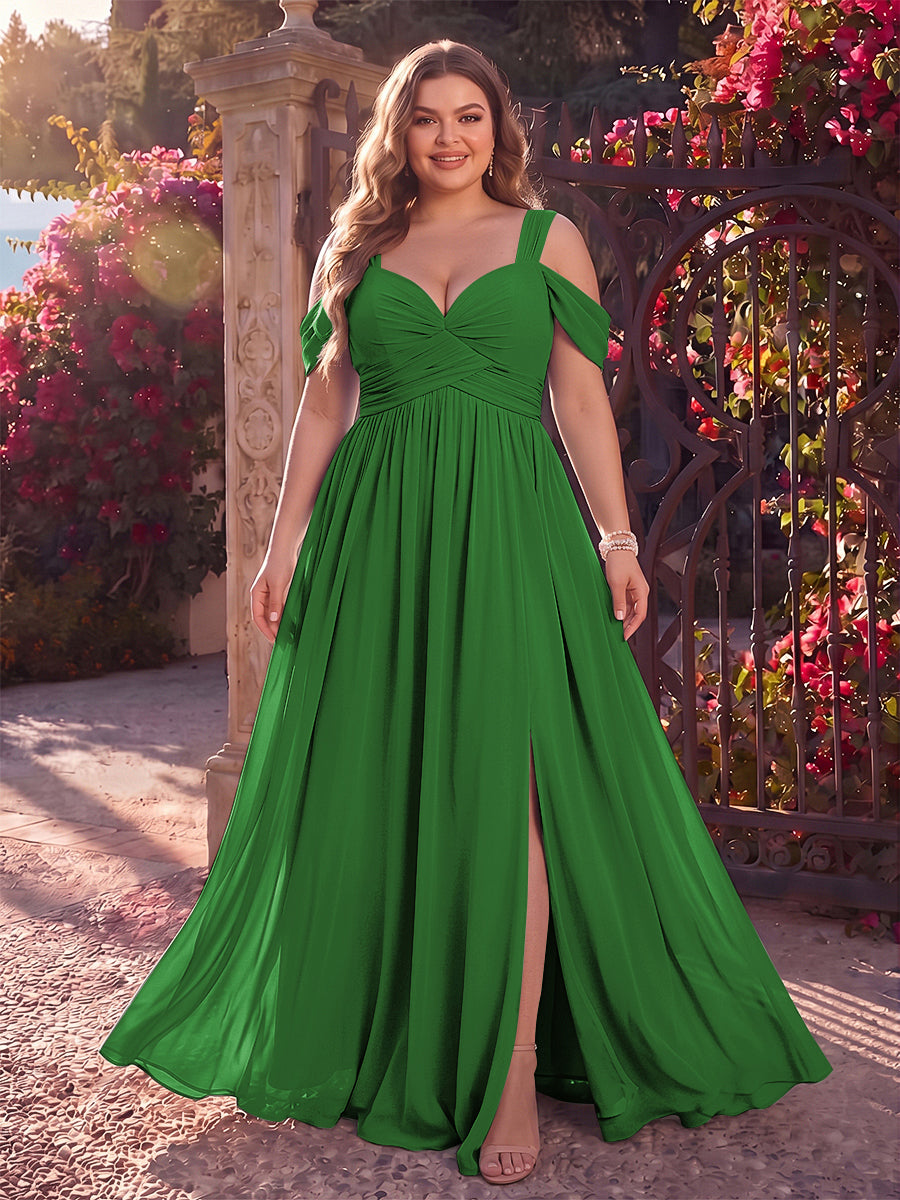 A-Line/Princess Cold Shoulder Sleeveless Chiffon Floor-Length Plus Size Bridesmaid Dresses with Split Side &amp; Ruched