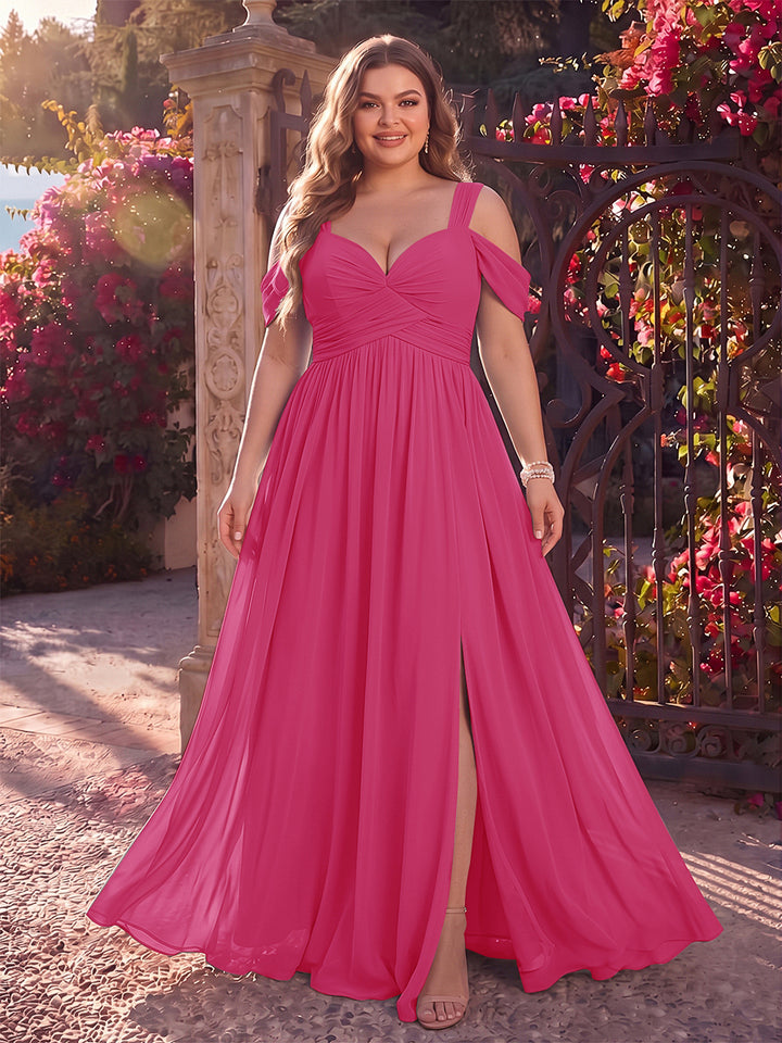 A-Line/Princess Cold Shoulder Sleeveless Chiffon Floor-Length Plus Size Bridesmaid Dresses with Split Side &amp; Ruched