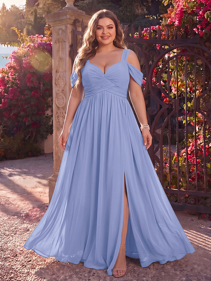 A-Line/Princess Cold Shoulder Sleeveless Chiffon Floor-Length Plus Size Bridesmaid Dresses with Split Side &amp; Ruched