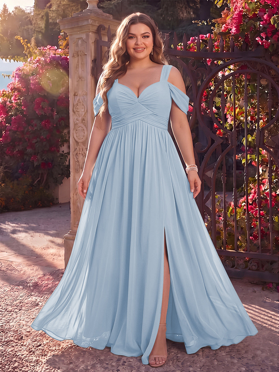 A-Line/Princess Cold Shoulder Sleeveless Chiffon Floor-Length Plus Size Bridesmaid Dresses with Split Side &amp; Ruched