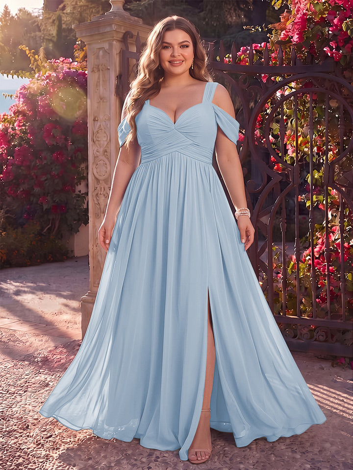 A-Line/Princess Cold Shoulder Sleeveless Chiffon Floor-Length Plus Size Bridesmaid Dresses with Split Side &amp; Ruched