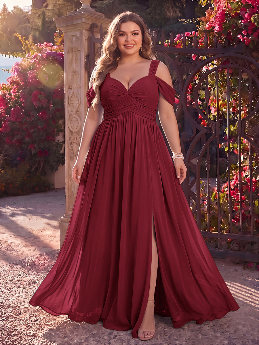 A-Line/Princess Cold Shoulder Sleeveless Chiffon Floor-Length Plus Size Bridesmaid Dresses with Split Side &amp; Ruched